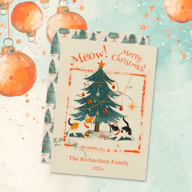 Cartes Pour Fêtes Annuelles Joli Rétro 1950 Chats Arbre de Noël (Cute Retro 1950s Cats Christmas Tree Flat Card)