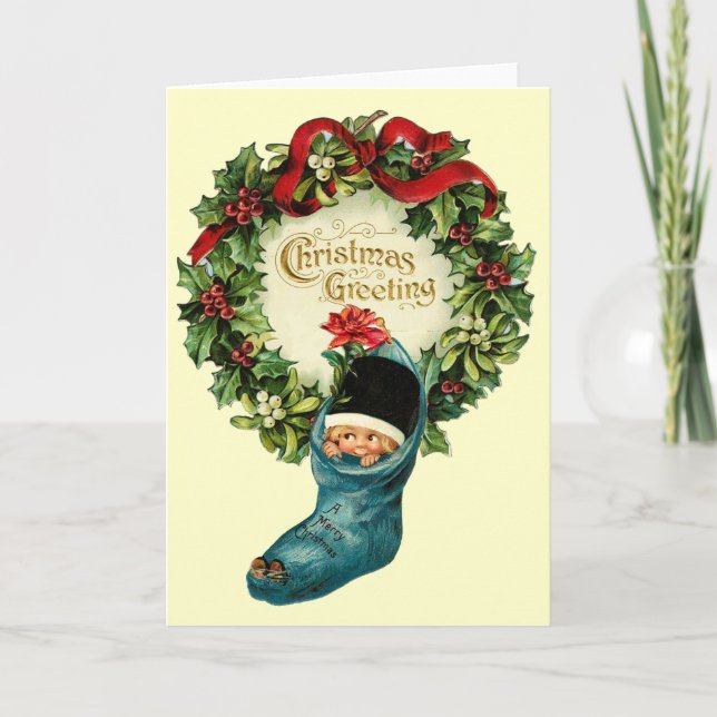 Cartes Pour Fêtes Annuelles Joli réveil de Noël, Petit Enfant, Mistletoes (Devant)