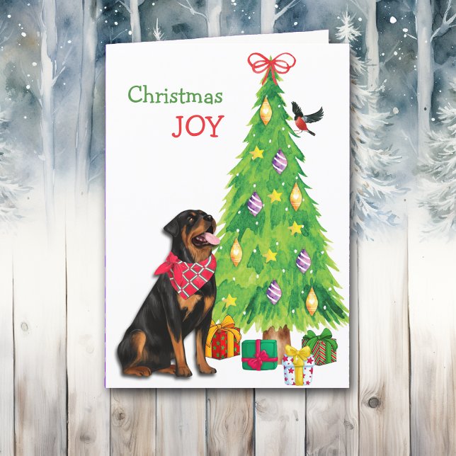 Cartes Pour Fêtes Annuelles Joli Rottweiler, oiseau et arbre de Noël (Créateur téléchargé)