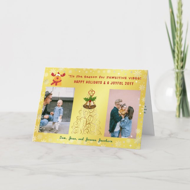Cartes Pour Fêtes Annuelles Joli Rudolph 2 Photos Joyeuses Vacances Golden (Devant)