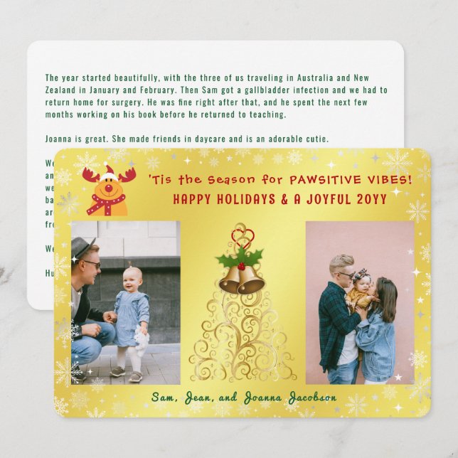Cartes Pour Fêtes Annuelles Joli Rudolph 2 Photos Joyeuses Vacances Golden (Devant / Derrière)