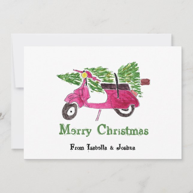 Cartes Pour Fêtes Annuelles Joli sapin de Noël et Scooter rouge (Devant)