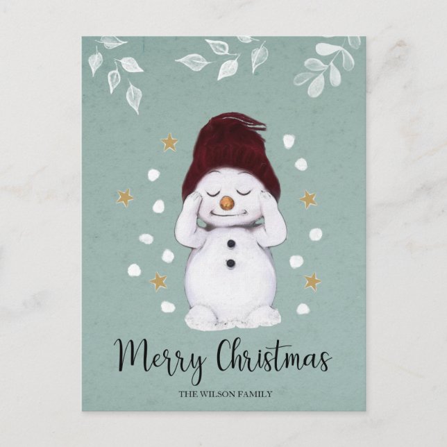 Cartes Pour Fêtes Annuelles Joli Snowman d'hiver bleu Noël (Devant)