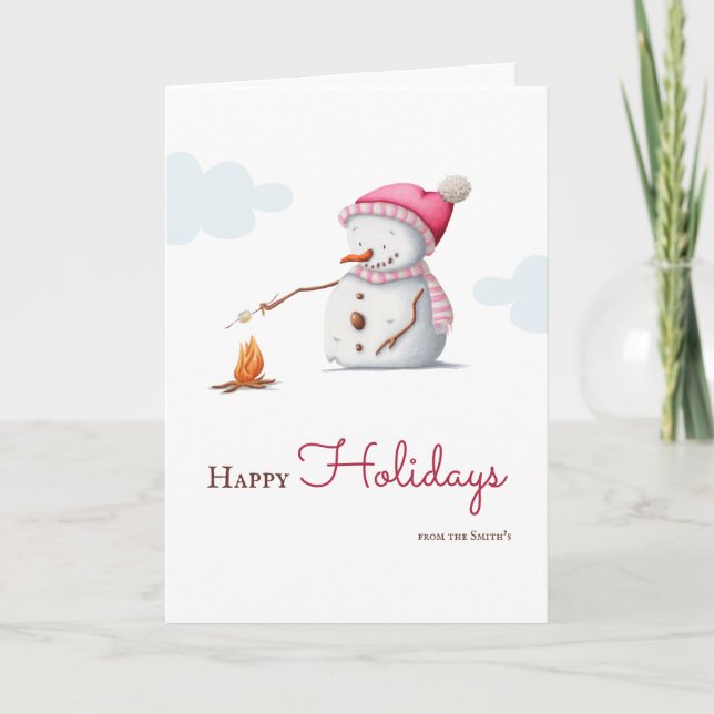 Cartes Pour Fêtes Annuelles Joli Snowman grillé Marshmallow rose Noël (Devant)