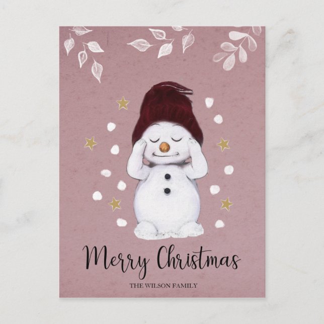 Cartes Pour Fêtes Annuelles Joli Snowman Paisible Noël Rose (Devant)