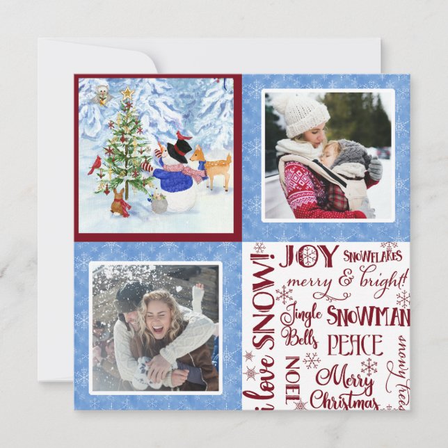 Cartes Pour Fêtes Annuelles Joli Snowman Woodland Neige Noël Famille Photos (Devant)