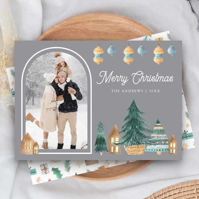 Cartes Pour Fêtes Annuelles Joli traditionnel Arc nordique Photo Gris Noël (Créateur téléchargé)
