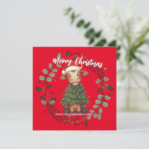 Cartes Pour Fêtes Annuelles Joli vache joyeux Noël arbre de Noël veau bœuf mot