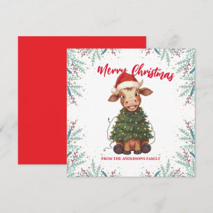 Cartes Pour Fêtes Annuelles Joli vache joyeux Noël arbre de Noël veau bœuf mot