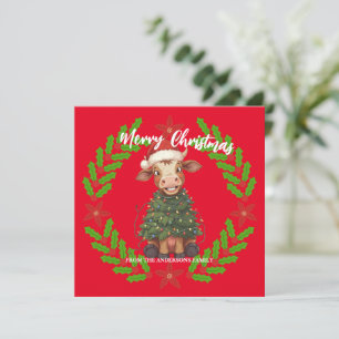 Cartes Pour Fêtes Annuelles Joli vache joyeux Noël arbre de Noël veau bœuf mot