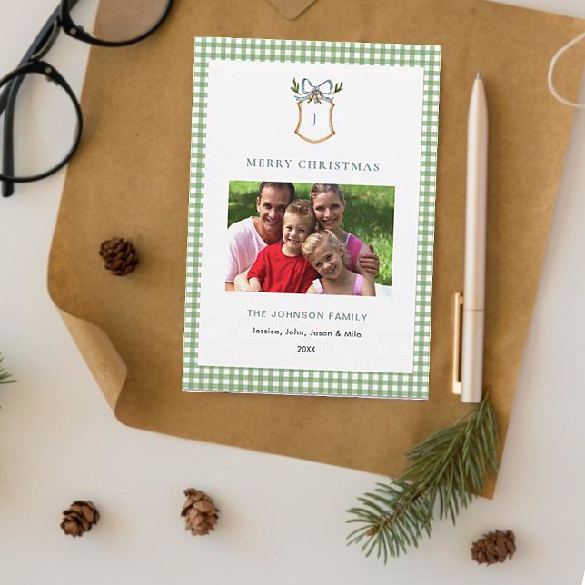 Cartes Pour Fêtes Annuelles Joli Vert En vichy Plaid Monogramme Noël (Créateur téléchargé)