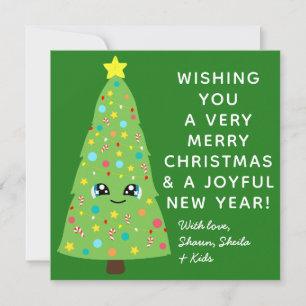Cartes Pour Fêtes Annuelles Joli vert Kawaii Arbre de Noël Famille Photo Noël