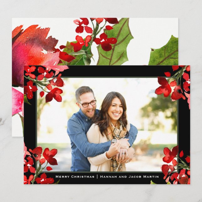 Cartes Pour Fêtes Annuelles Jolie aquarelle Florale Photo de Noël (Devant / Derrière)
