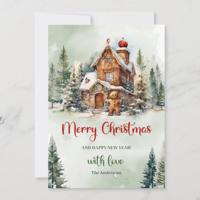 Cartes Pour Fêtes Annuelles Jolie aquarelle pain d'épices maison en forêt (Devant)