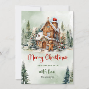 Cartes Pour Fêtes Annuelles Jolie aquarelle pain d'épices maison en forêt