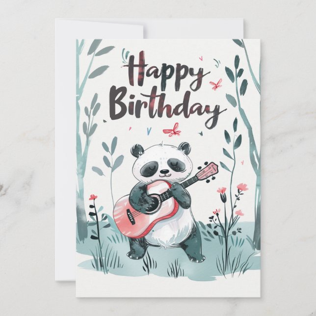 Cartes Pour Fêtes Annuelles Jolie aquarelle Panda jouer de la guitare Annivers (Devant)