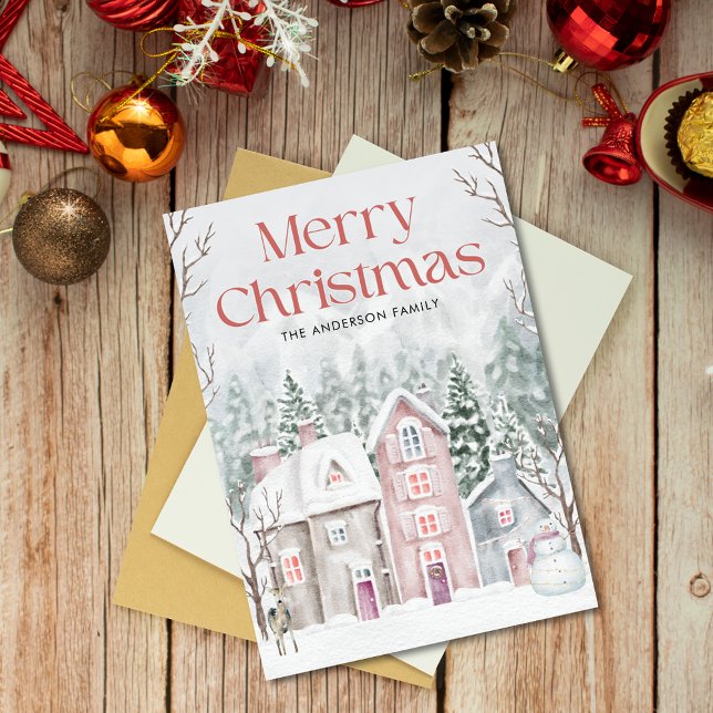 Cartes Pour Fêtes Annuelles Jolie aquarelle Village neigeux Joyeux Noël (Créateur téléchargé)