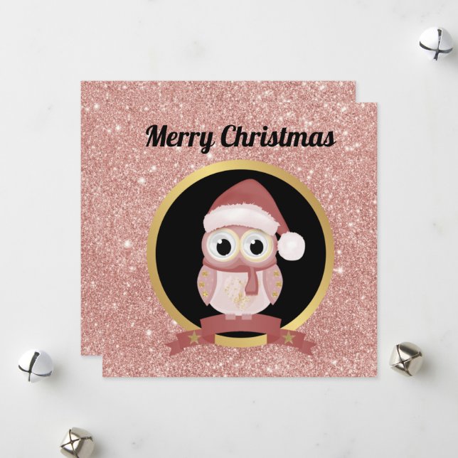 Cartes Pour Fêtes Annuelles Jolie chouette de Noël rose parties scintillant d' (Devant/Arrière en situation)
