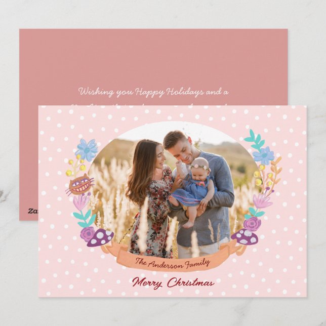 Cartes Pour Fêtes Annuelles jolie couronne florale rose pâle (Devant / Derrière)