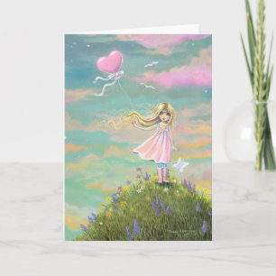 Cartes Pour Fêtes Annuelles Jolie fille d'art Whimsical avec ballon de coeur