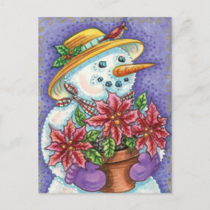 Cartes Pour Fêtes Annuelles Jolie fille de Noël Snowman avec Poinsettia