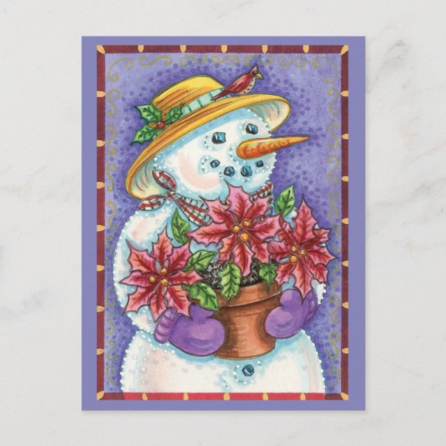 Cartes Pour Fêtes Annuelles Jolie fille de Noël Snowman avec Poinsettia (Devant)