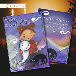 Cartes Pour Fêtes Annuelles Jolie Fille, Fantôme et Chat Noir   Spooktacular p