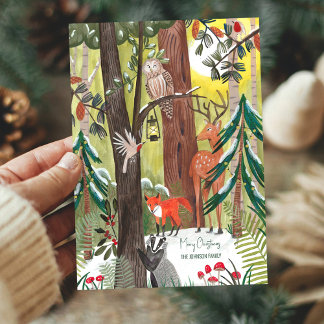 Cartes Pour Fêtes Annuelles Jolie forêt d'animaux verts Noël