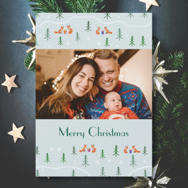 Cartes Pour Fêtes Annuelles Jolie forêt scandinave de Noël photo (Elegant cool green Scandinavian Christmas photo card with custom text and my photo)