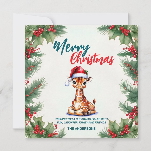 Cartes Pour Fêtes Annuelles Jolie girafe d'aquarelle Père Noël Joyeux Noël (Devant)