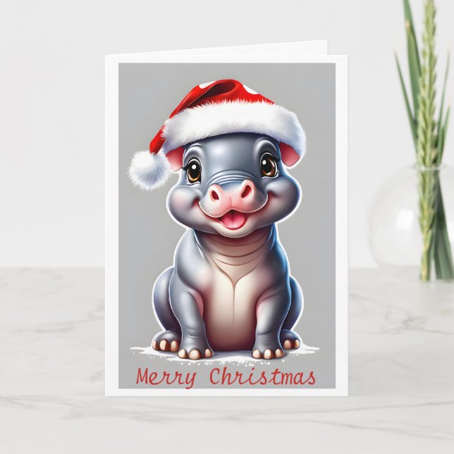 Cartes Pour Fêtes Annuelles Jolie Hippopotame Noël du Père Noël (Devant)