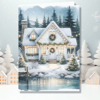Cartes Pour Fêtes Annuelles Jolie maison de fête sur un lac gelé Noël
