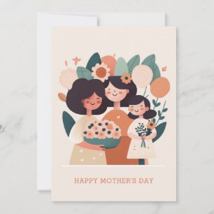 Cartes Pour Fêtes Annuelles Jolie maman et filles de dessin animé floral. Fête
