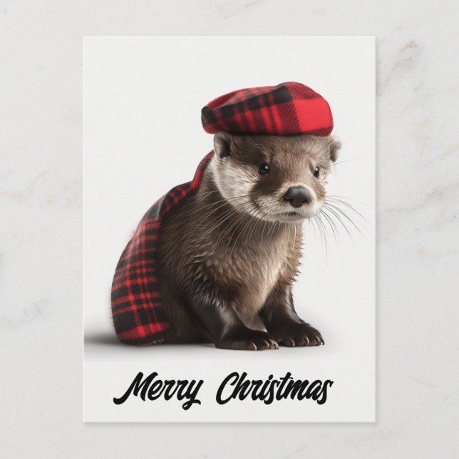 Cartes Pour Fêtes Annuelles Jolie Otter de Noël adorable en Plaid (Devant)