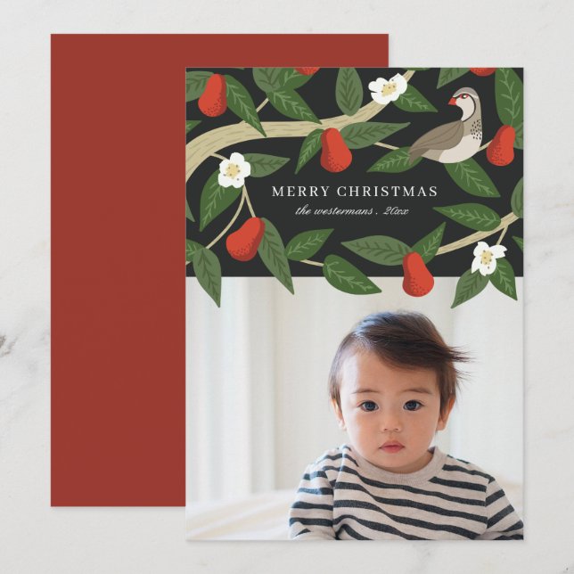 Cartes Pour Fêtes Annuelles Jolie Perdrix dans un Poirier | Photo Noël (Devant / Derrière)