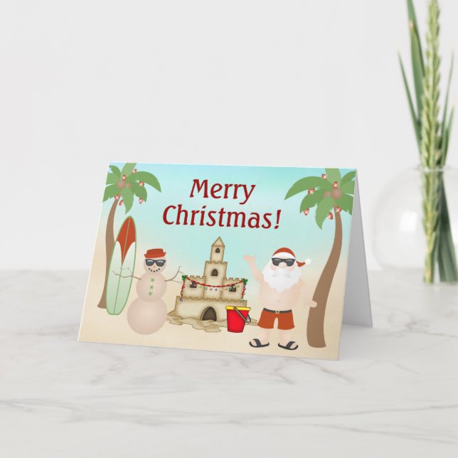 Cartes Pour Fêtes Annuelles Jolie Père Noël au Beach Paradise Joyeux Noël (Devant)