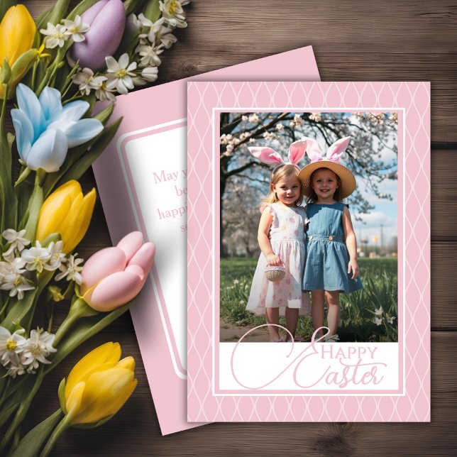 Cartes Pour Fêtes Annuelles Jolie photo personnalisée Pink et Blanc Joyeux Pâq (Cute Pink And White Happy Easter Custom Photo Holiday Card)