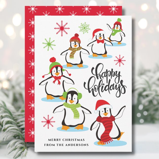 Cartes Pour Fêtes Annuelles Jolie Rétro Joyeux Vacances Pingouins Rouge (Créateur téléchargé)