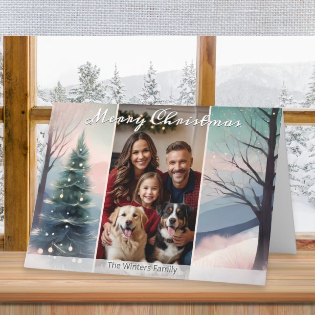 Cartes Pour Fêtes Annuelles Jolie scène hivernale élégante aquarelle 1 Photo (A festive card with 'Merry Christmas' greeting and winter scene. Add your own photo and name(s))