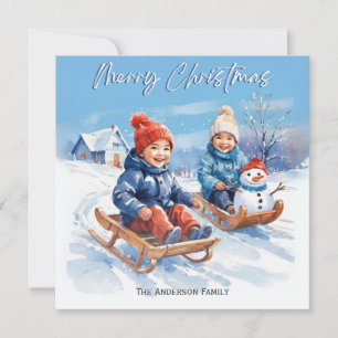 Cartes Pour Fêtes Annuelles Jolie Scène Rétro à l'Aquarelle d'Enfants en Traîn