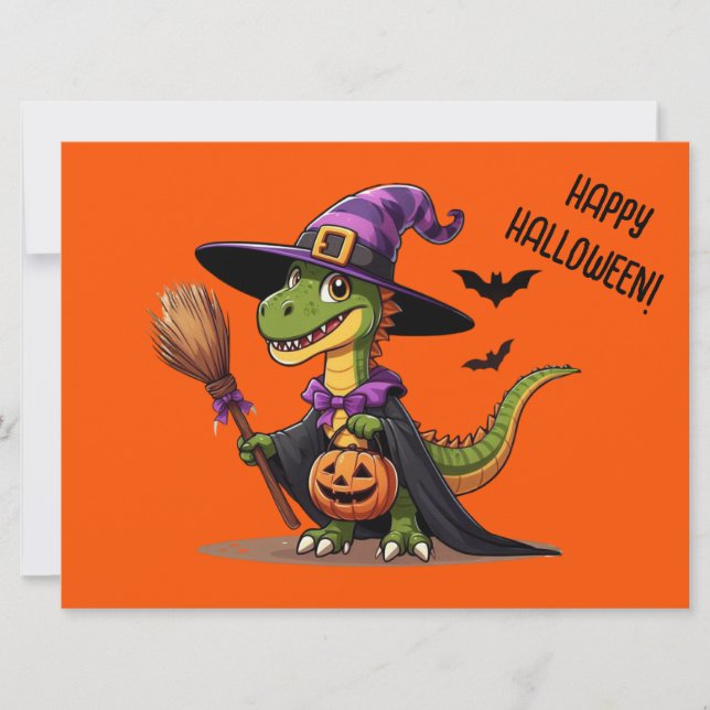 Cartes Pour Fêtes Annuelles Jolie Sorcière de Raptor Halloween/Dinosaure (Devant)