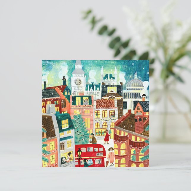 Cartes Pour Fêtes Annuelles Jolie ville londonienne de Noël dans la neige (Debout devant)
