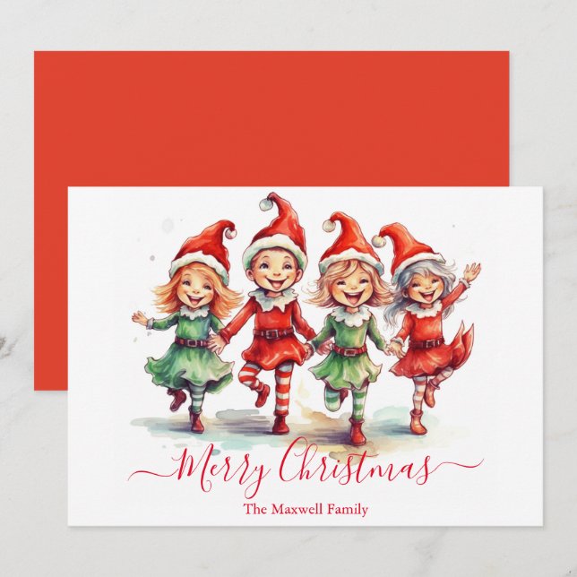 Cartes Pour Fêtes Annuelles Jolies elfes de Noël (Devant / Derrière)