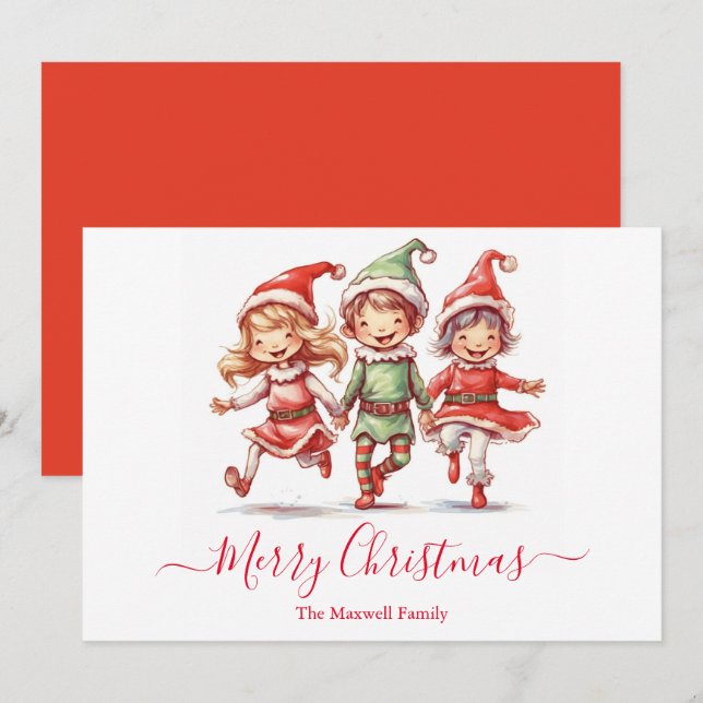 Cartes Pour Fêtes Annuelles Jolies elfes de Noël (Devant / Derrière)