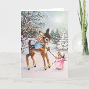 Cartes Pour Fêtes Annuelles Jolis anges vintage avec bébé cerf de Noël