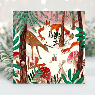 Cartes Pour Fêtes Annuelles Jolis Animaux de la forêt verts et roses Forêt