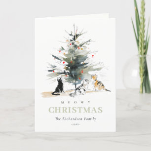 Cartes Pour Fêtes Annuelles Jolis chats modernes aquarelle arbre de Noël Meowy