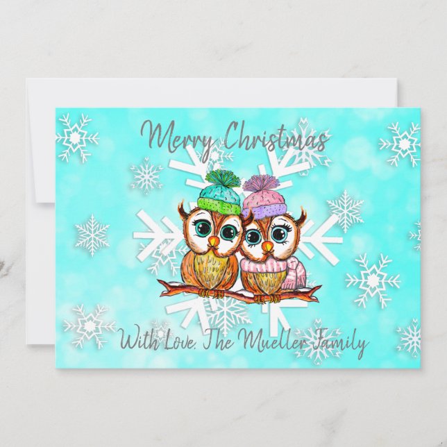 Cartes Pour Fêtes Annuelles Jolis hiboux de Noël à l'aquarelle fantaisiste (Devant)