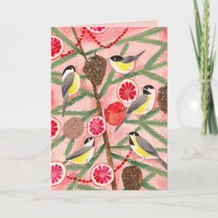 Cartes Pour Fêtes Annuelles Jolis mésanges rouges et jaunes arbre de Noël
