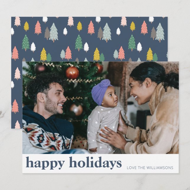 Cartes Pour Fêtes Annuelles Jolis sapins de Noël bleus marine modernes larges  (Devant / Derrière)